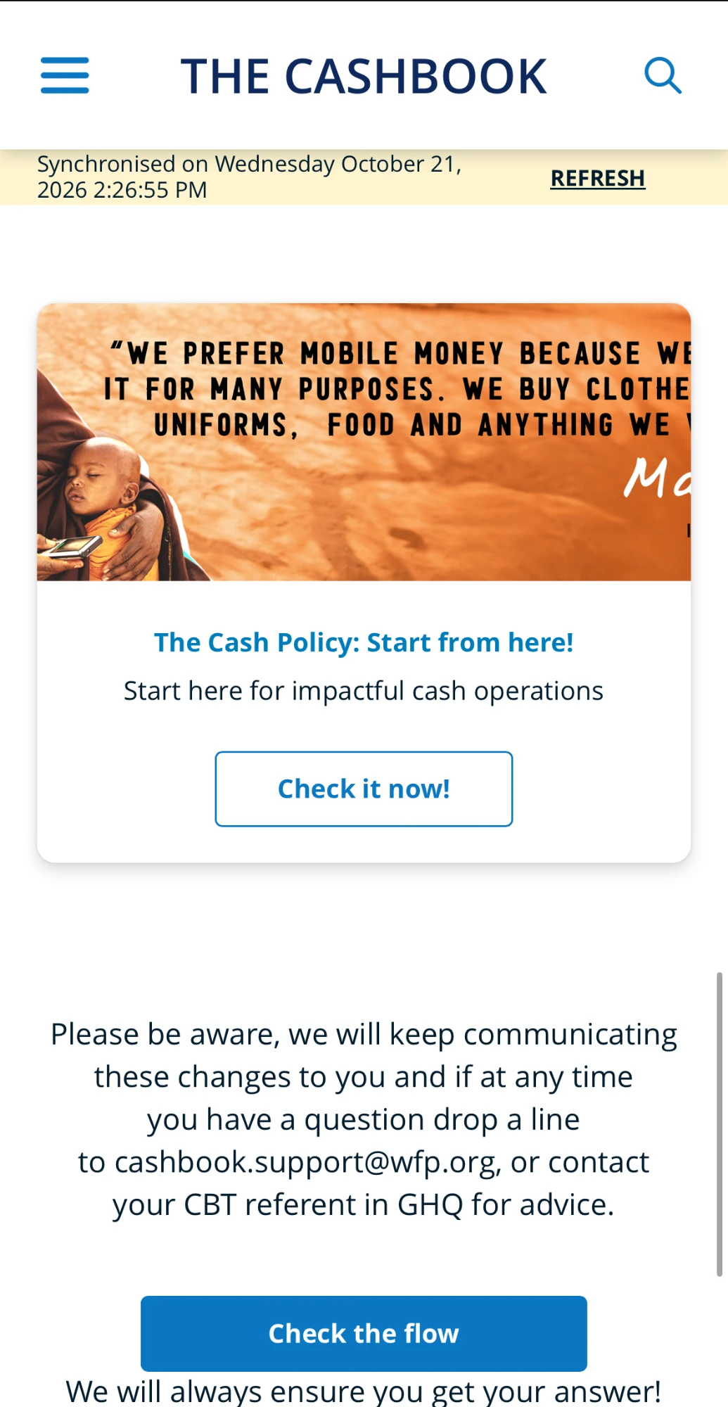 CashBook app home: synchronisation date with a refresh action, the Cash Policy entry card and a button to check the flow