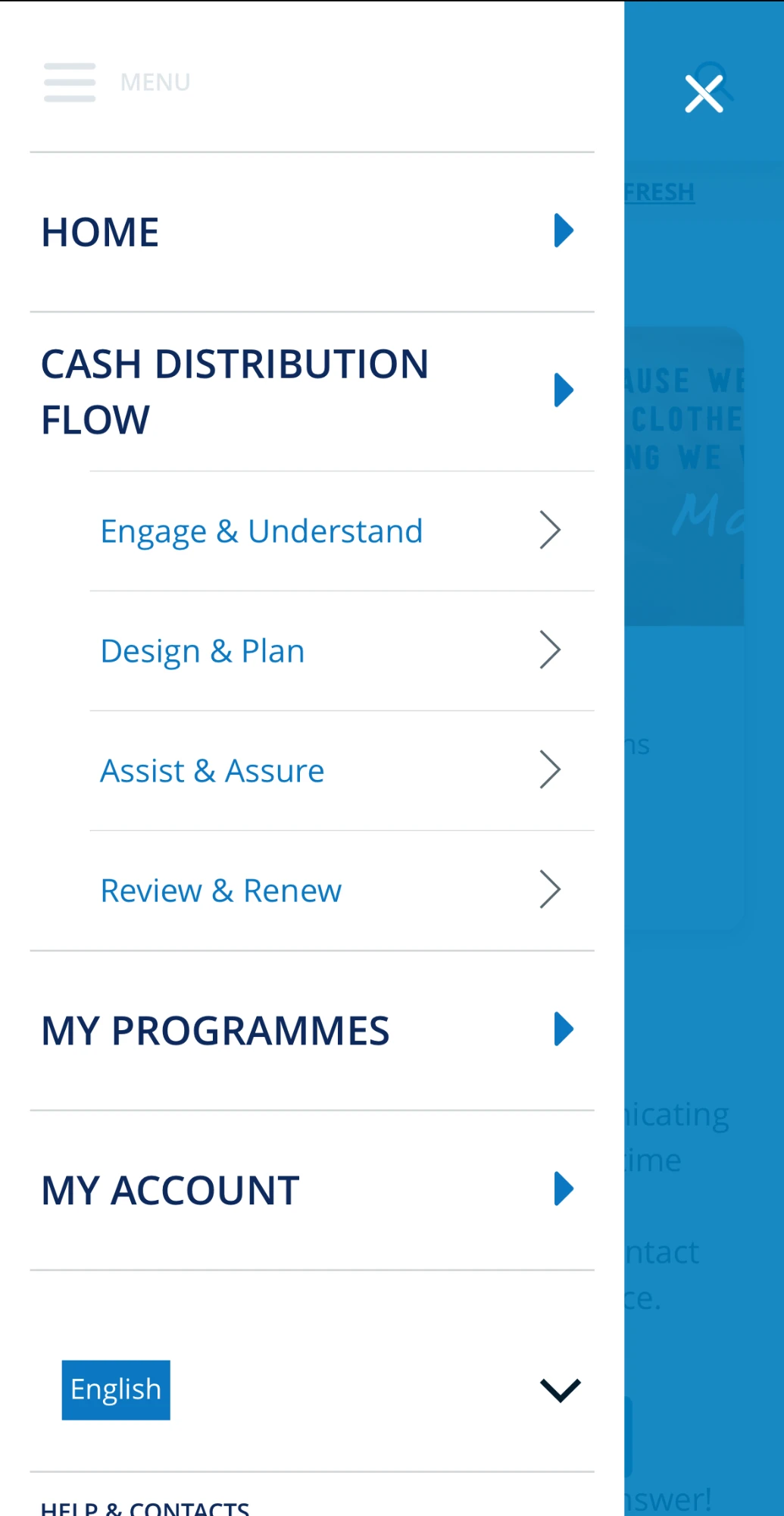 CashBook app menu drawer: home, cash distribution flow with its four phases, my programmes, my account and language