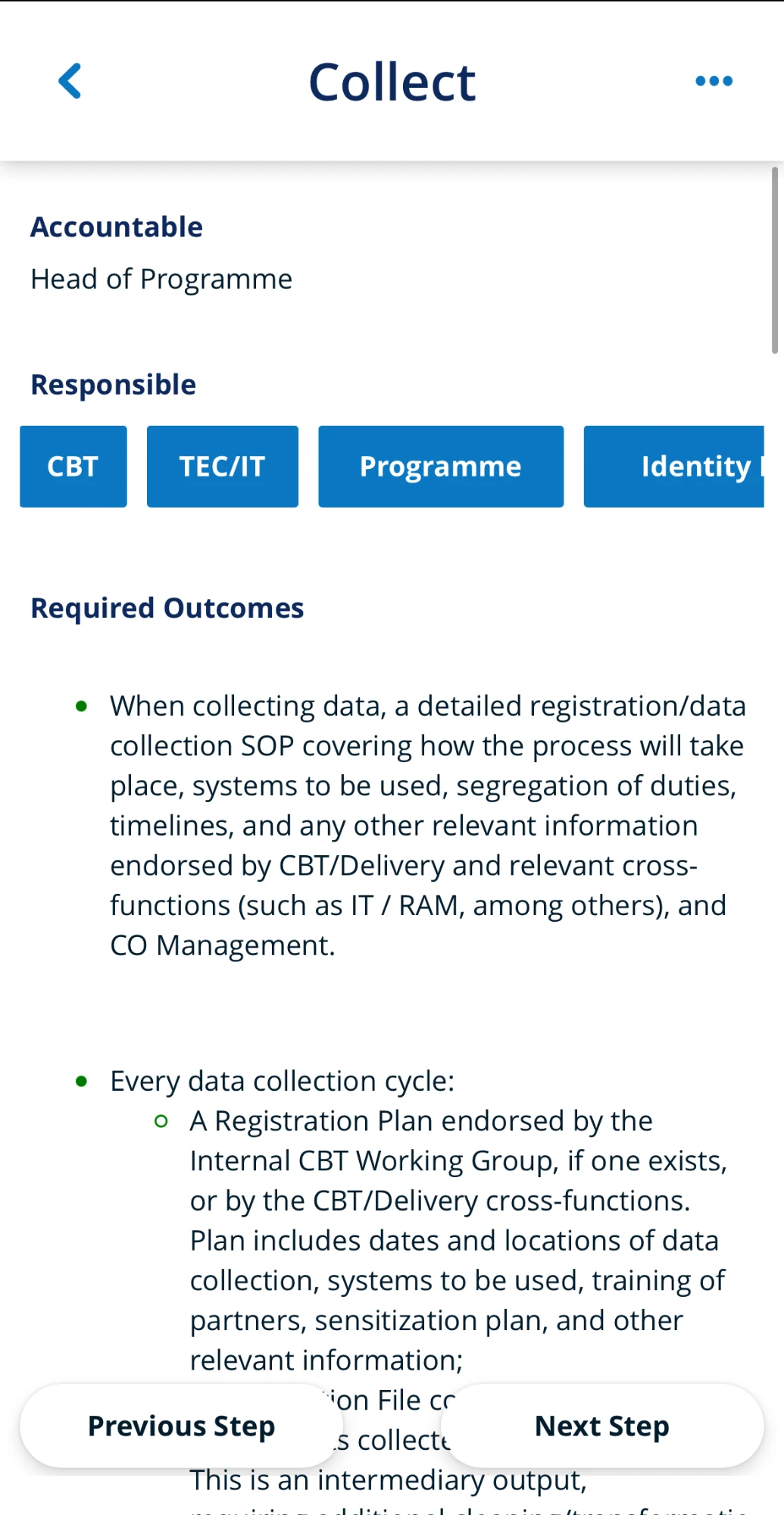 CashBook app step detail for Collect: accountable role, responsible functions as chips, and the required outcomes written out