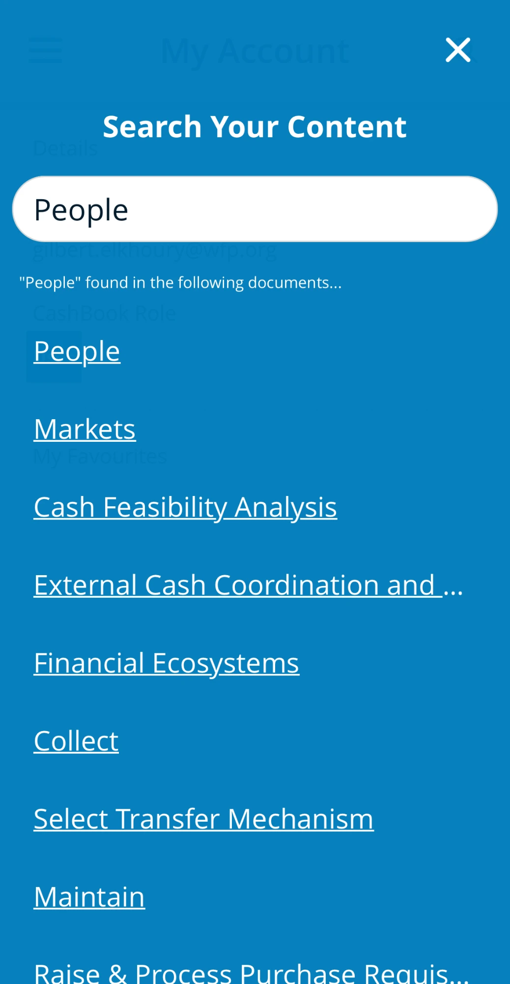 CashBook app search across the manual, listing the documents a term appears in