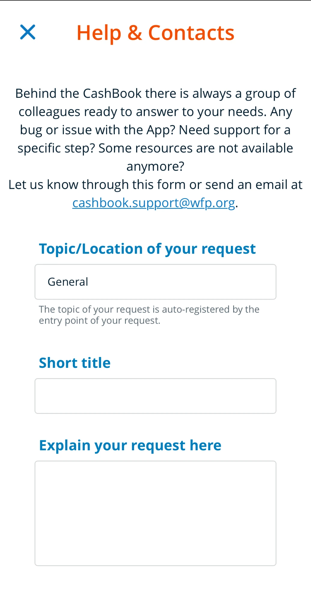 CashBook app help and contacts form, with the topic pre-filled from where the request was opened