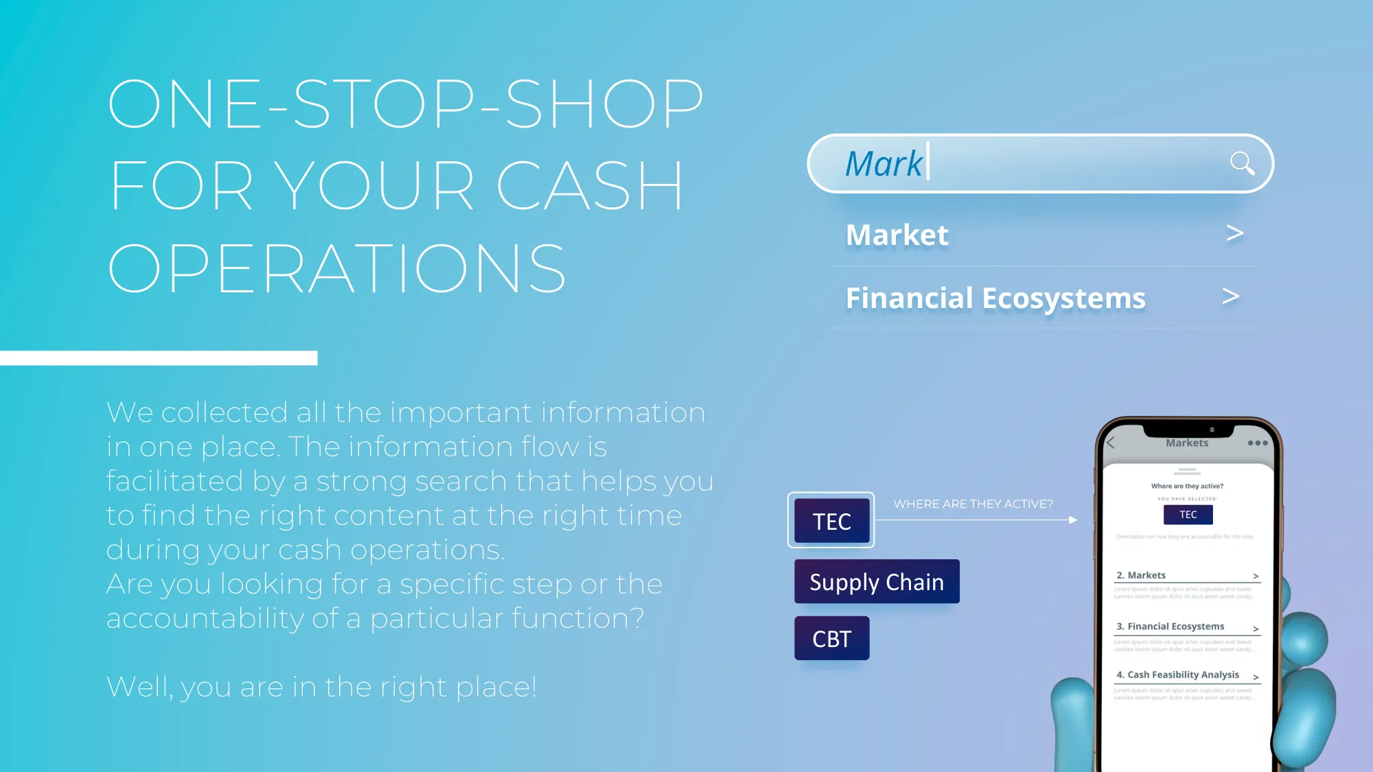 CashBook concept deck slide: one-stop-shop for your cash operations, search-driven information flow with phone mockup