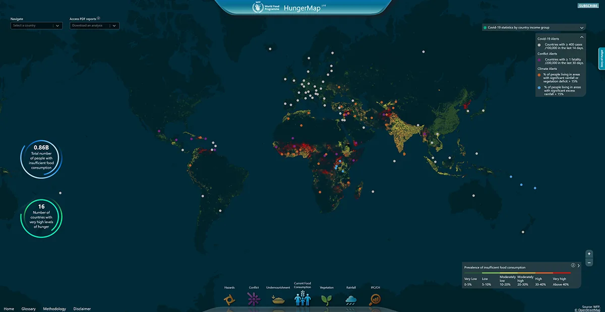 Before: previous HungerMap LIVE homepage, dark map with alert dots, layers and legends all at once