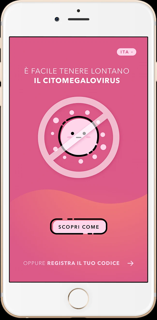 CMV app entry screen: it is easy to keep cytomegalovirus away, with discover how and register your code actions