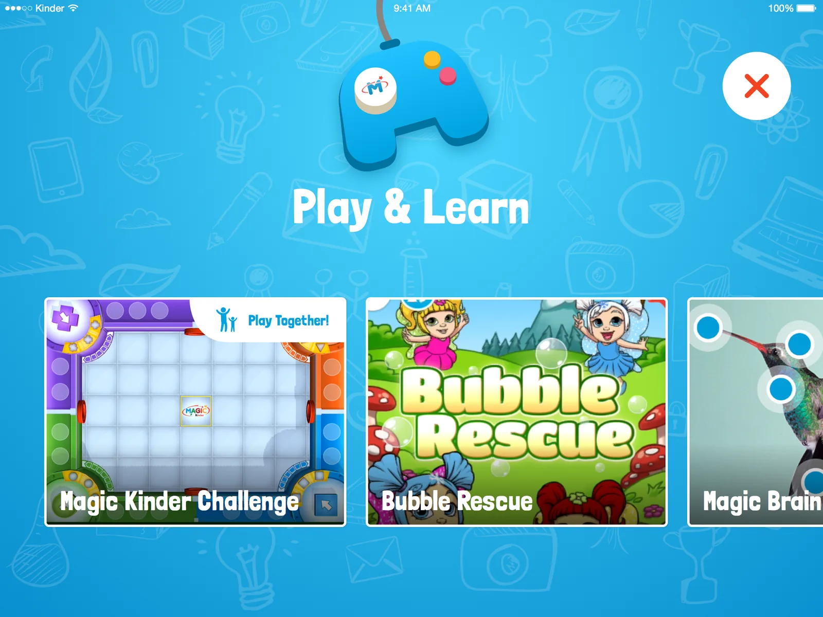 Magic Kinder Hub Play and Learn section on tablet: games gallery with Magic Kinder Challenge, Bubble Rescue and Magic Brain
