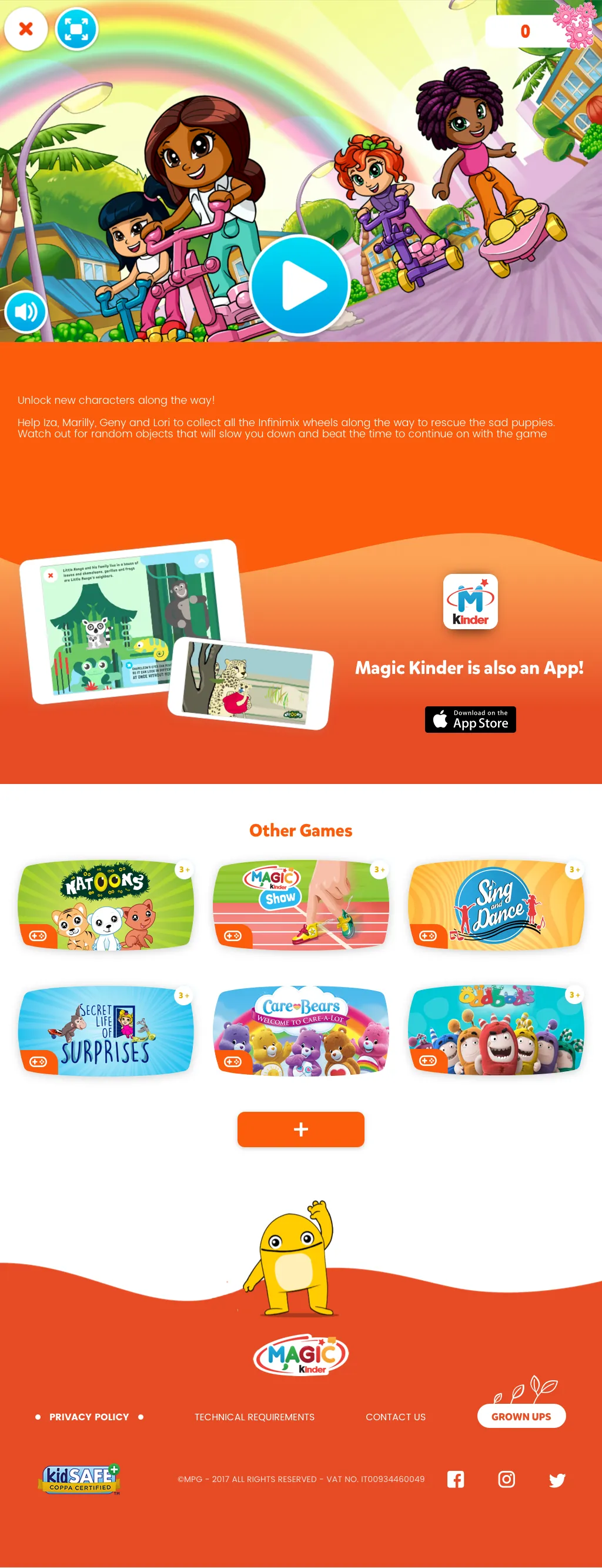 Magic Kinder game detail page with hero, description, app cross-promotion and other games