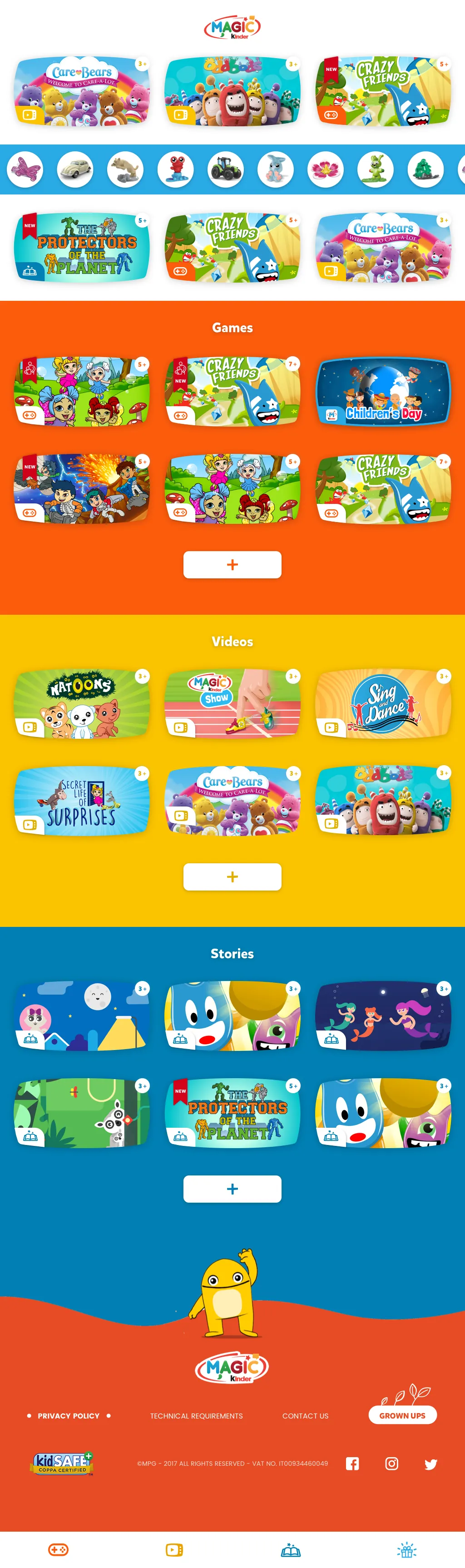 Magic Kinder mobile site home on tablet: licensed content carousel, surprise toys strip, games, videos and stories sections, kidSAFE COPPA certified footer