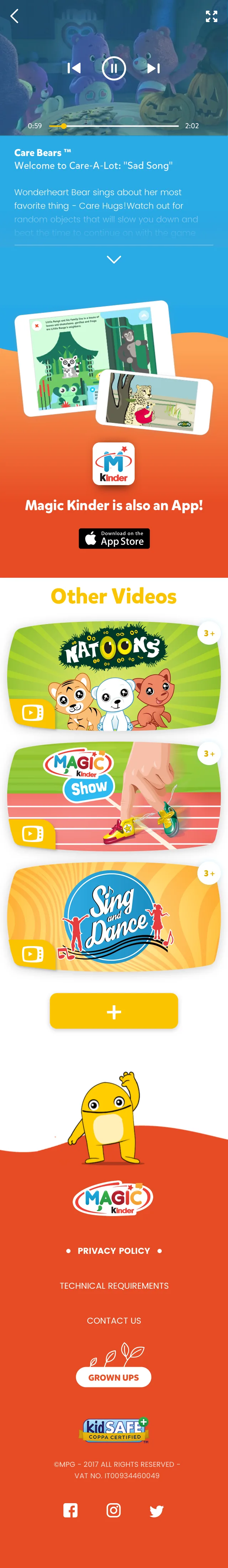 Magic Kinder video player page: Care Bears episode with player controls and other videos