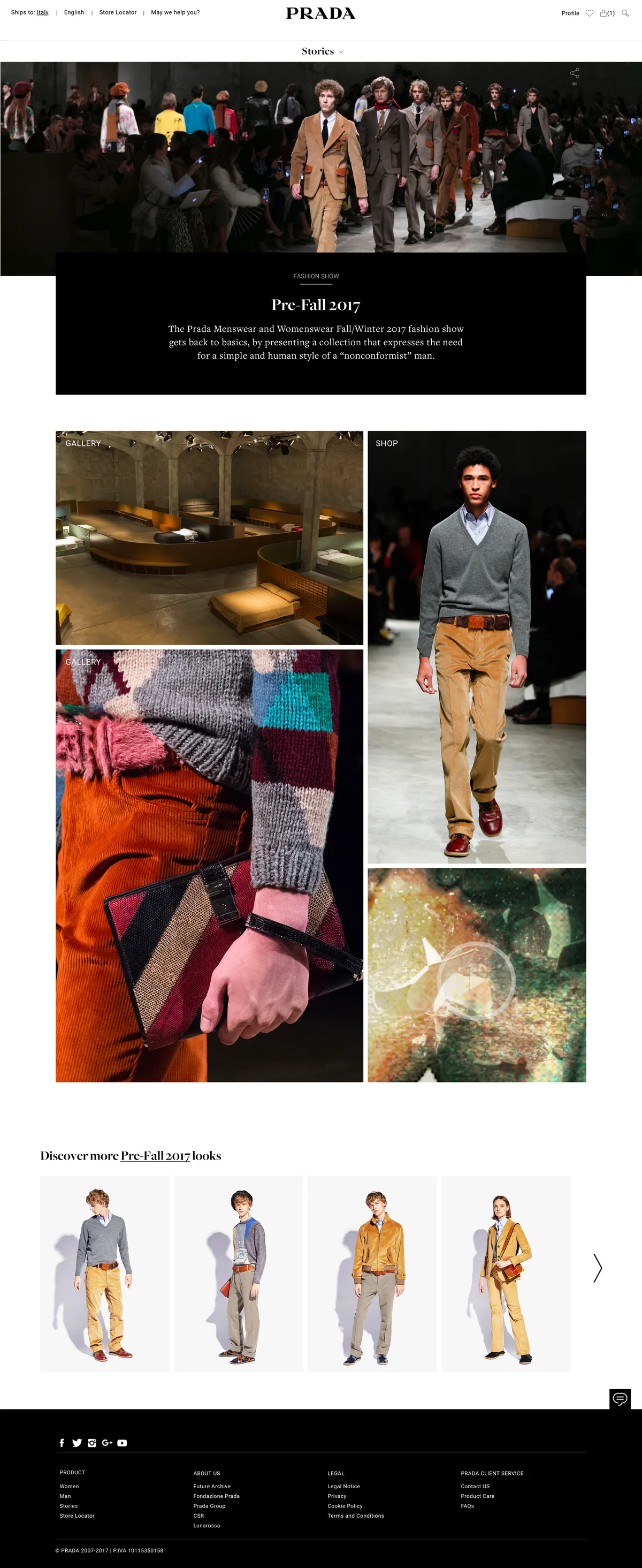 Prada.com Stories article for the Pre-Fall 2017 fashion show with gallery, shoppable look and discover-more looks