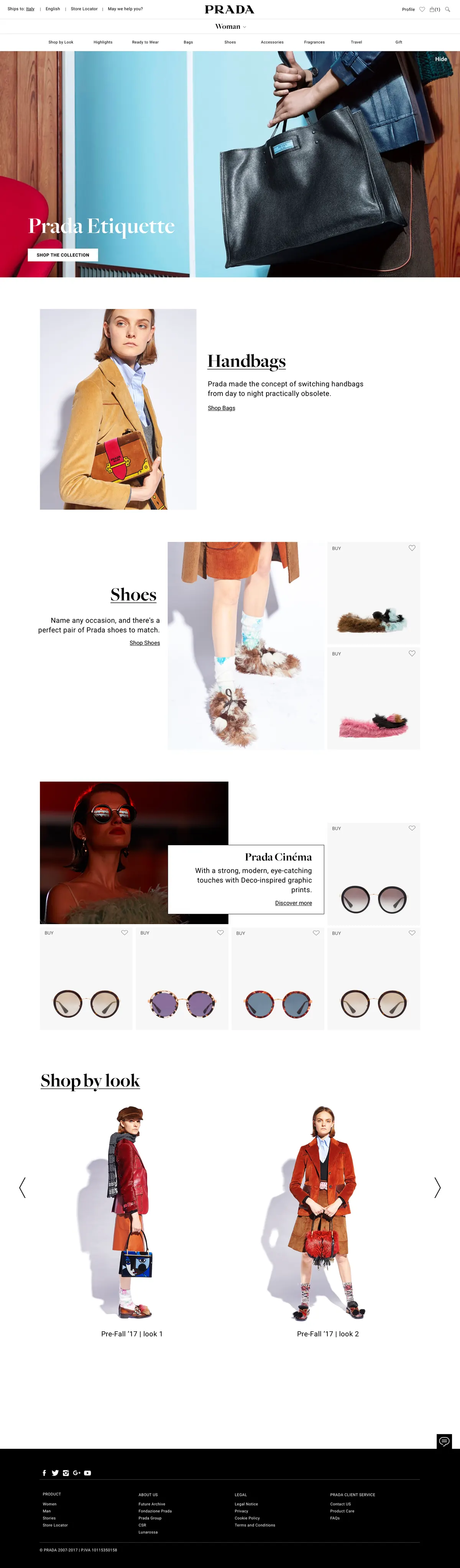 Prada.com woman category page: campaign hero, handbags, shoes, Prada Cinema eyewear and Shop by Look