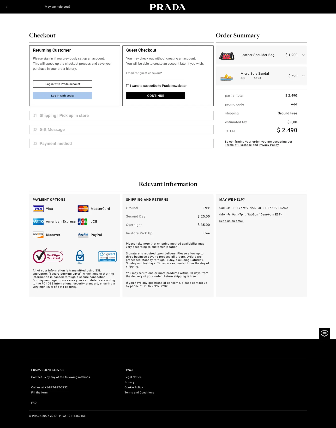 Prada.com checkout: returning customer and guest checkout, order summary and payment information