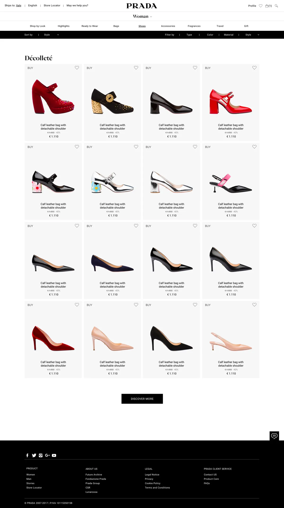 Prada.com product listing for decollete shoes: filter and sort bar, product grid with buy and wishlist actions