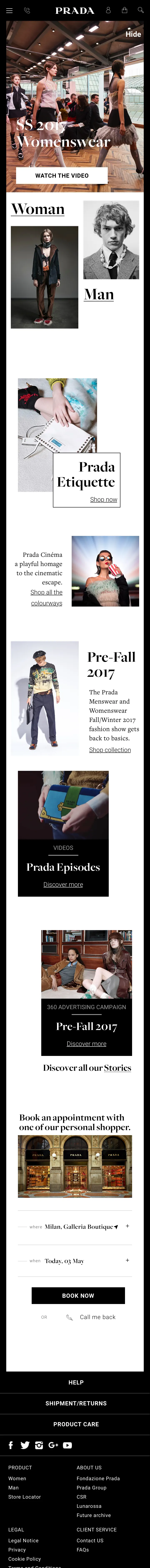 Prada.com mobile homepage: SS 2017 womenswear, stories, campaigns and personal shopper booking