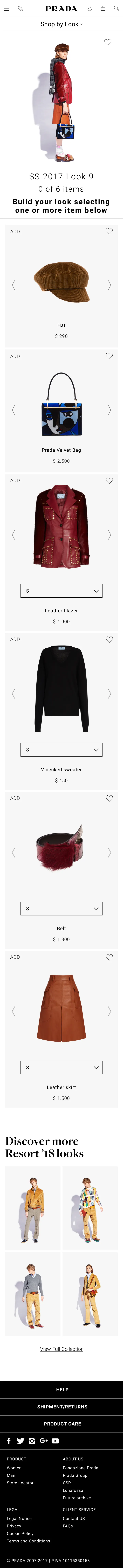 Prada.com mobile Total Look page: build your look by selecting the runway items
