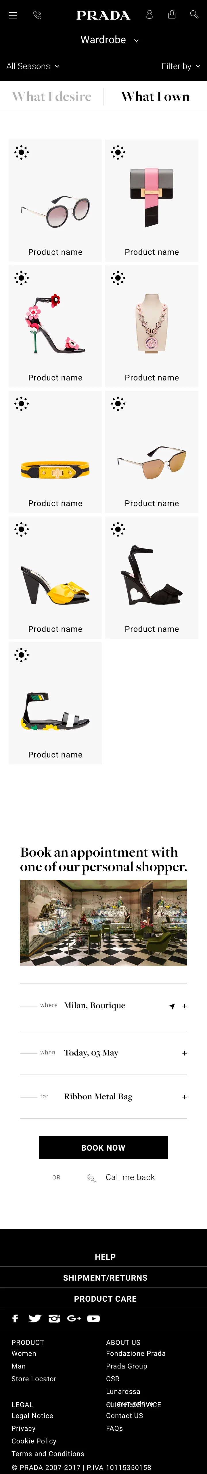 Prada.com mobile Wardrobe: What I desire and What I own product grids with appointment booking