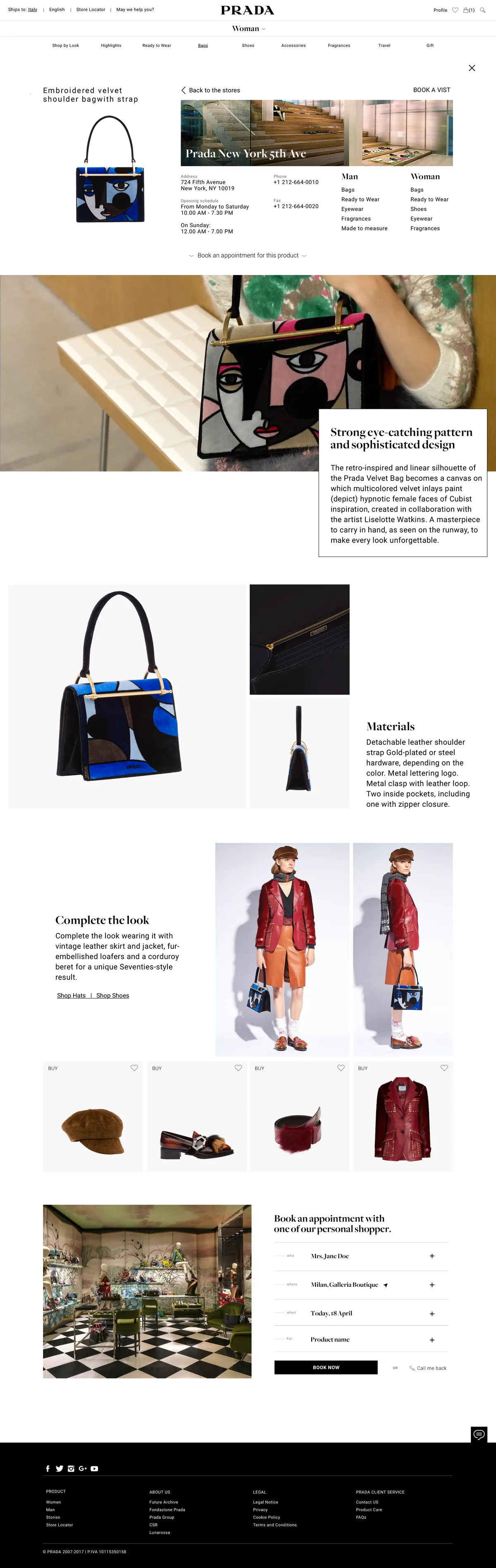 Prada.com product page for an embroidered velvet bag: store availability, materials, complete the look and personal shopper appointment
