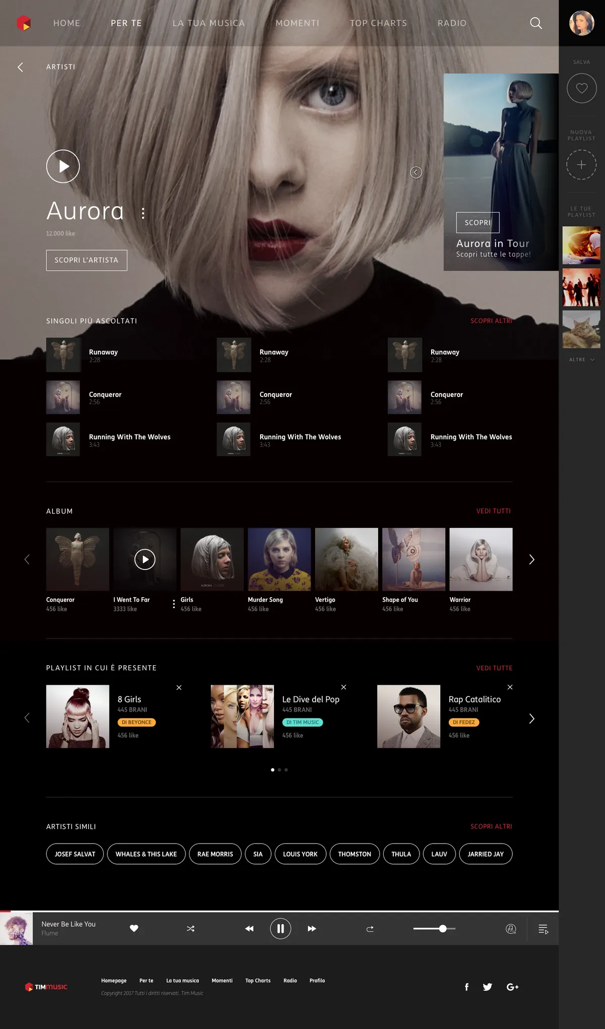 TIMmusic artist page: full-bleed portrait, tour banner, most played singles, albums, playlists featuring the artist and similar artists