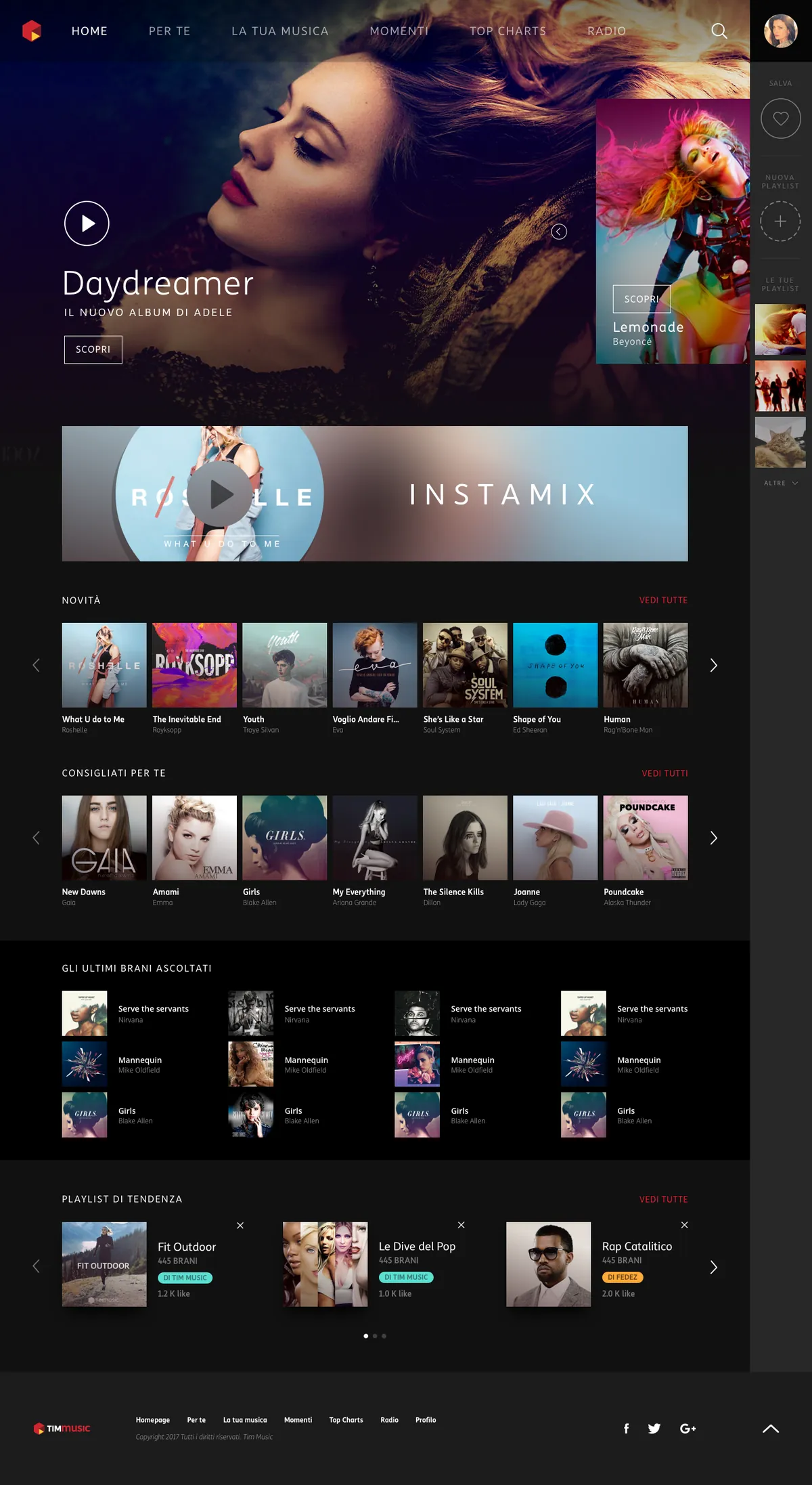 TIMmusic home: hero album, Instamix banner, new releases, recommendations, recently played and trending playlists
