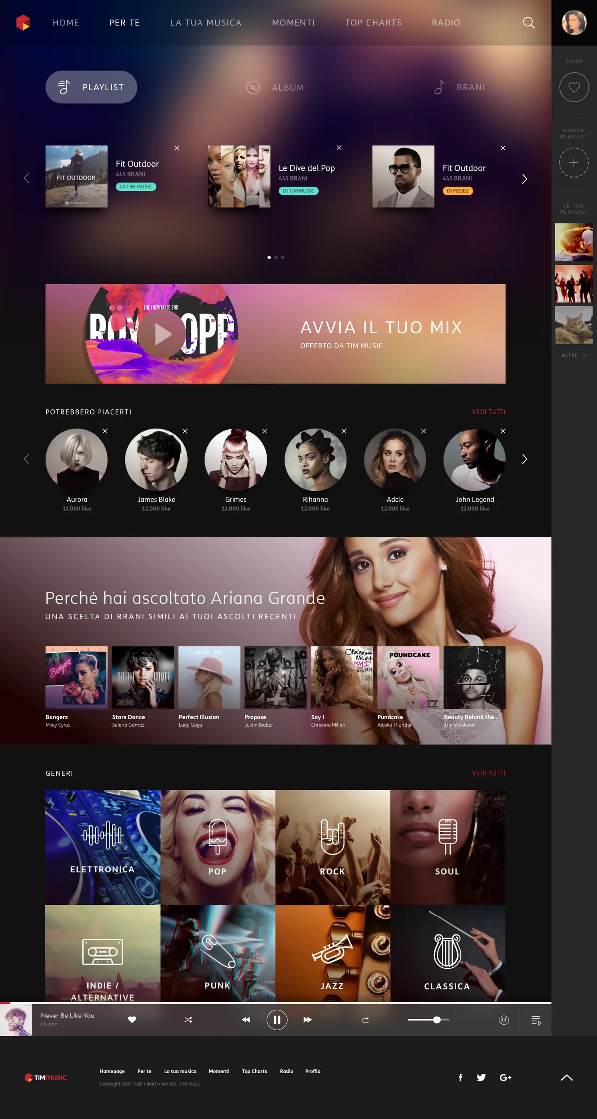 TIMmusic Per Te page: playlist, album and track filters, your mix, artists you may like, a because-you-listened block and genres