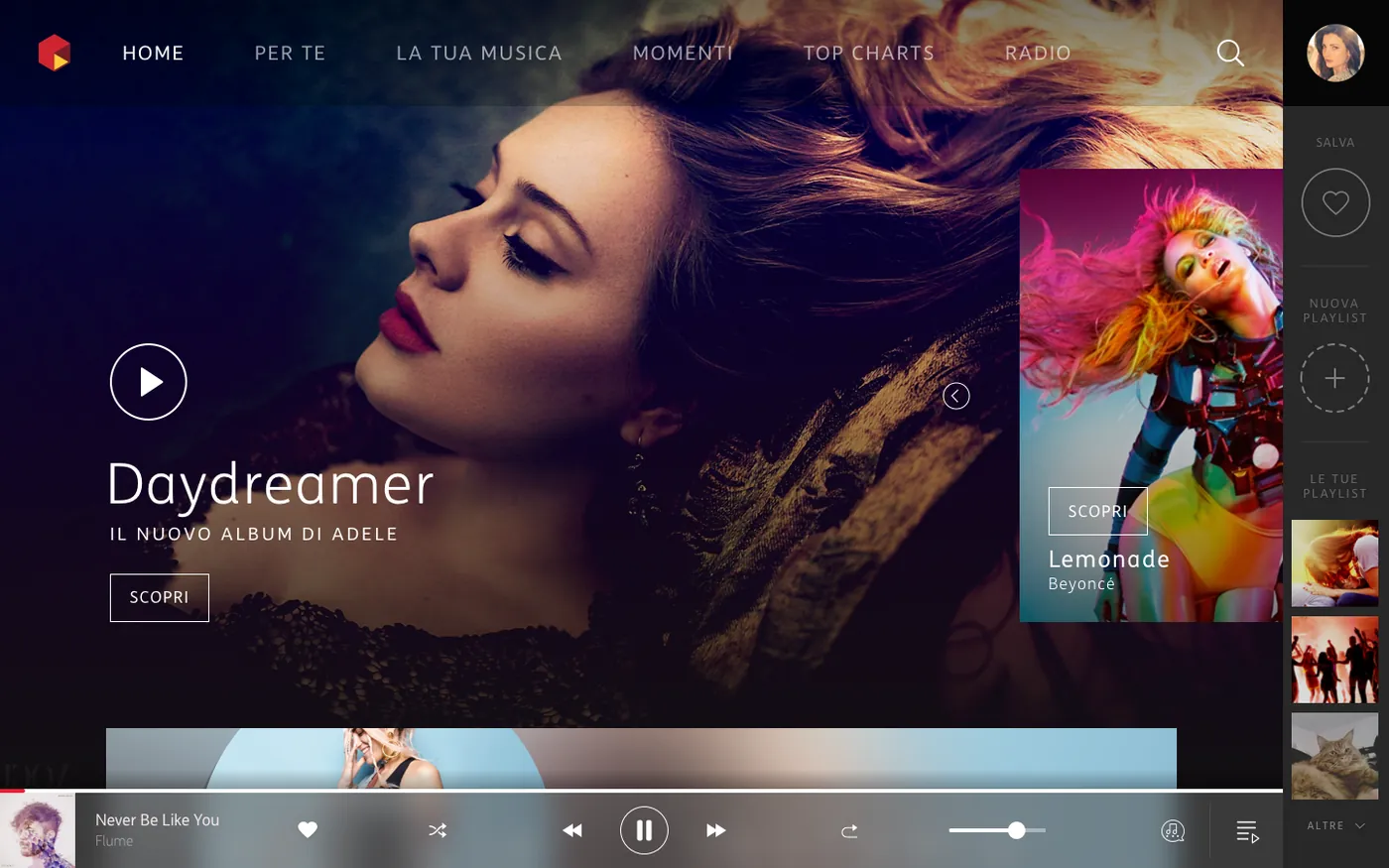 TIMmusic web home with a full-bleed Adele hero, editorial cards and the docked player bar playing a track