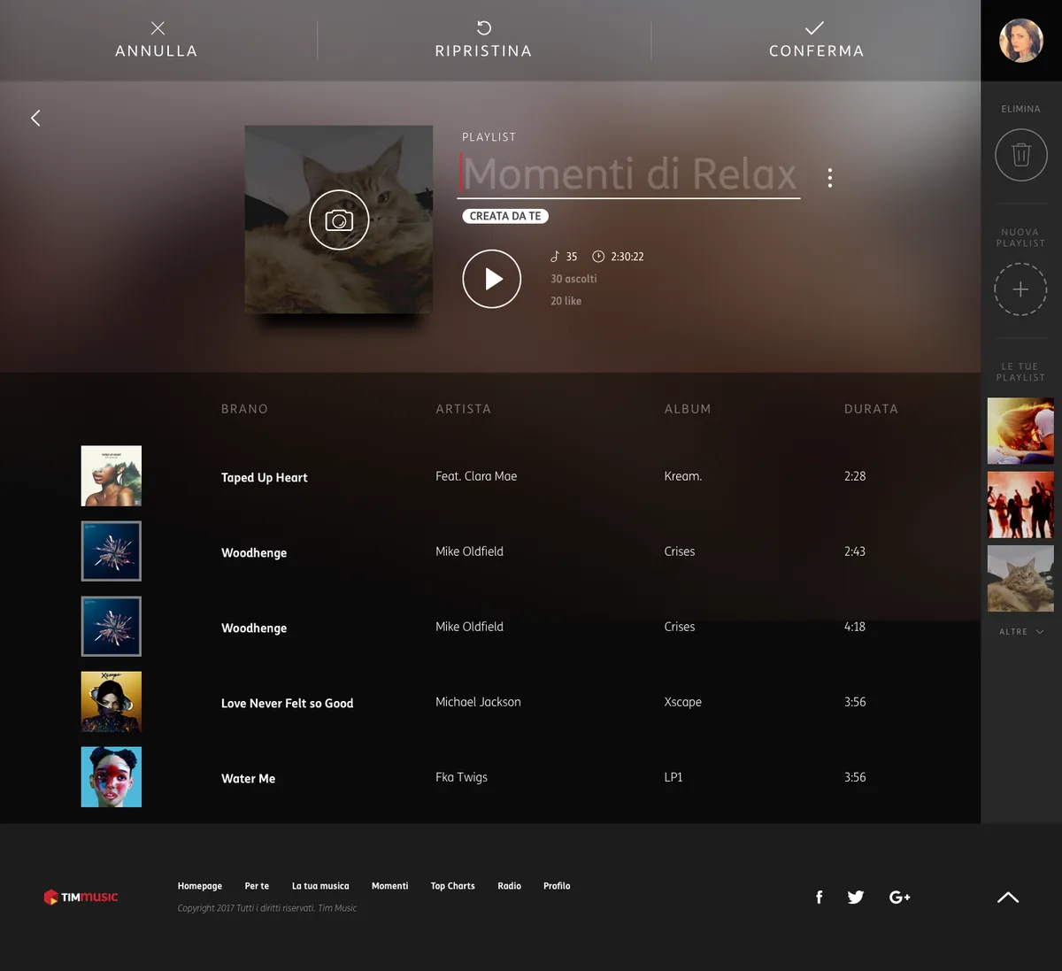 TIMmusic playlist edit mode: cancel, restore and confirm actions, editable title, cover replacement and delete