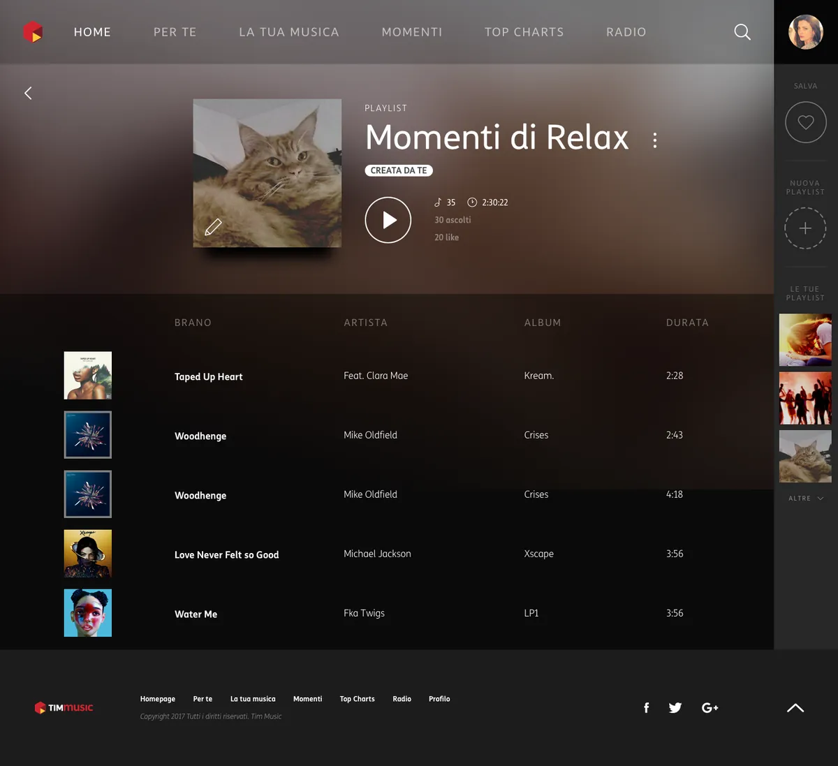 TIMmusic personal playlist page: user cover art, track count and duration, play button and track table