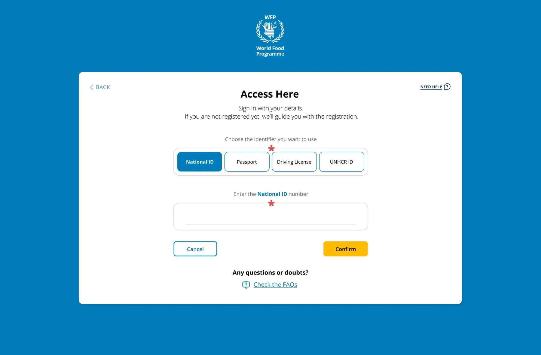 Access screen: choose National ID, Passport, Driving Licence or UNHCR ID and enter the number