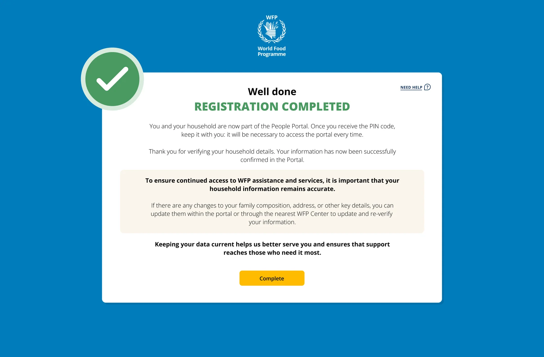 Registration completed confirmation screen