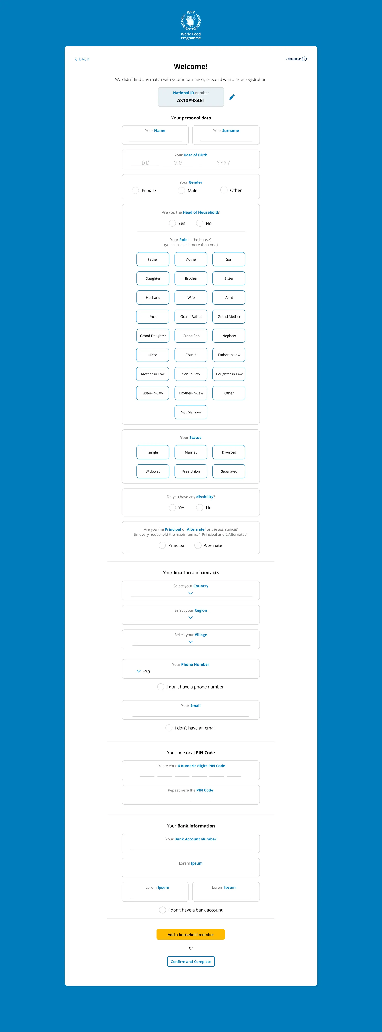 The People Portal registration form: personal data, gender, head-of-household, family roles as buttons, marital status, disability, principal or alternate, location, phone and email with 'I don't have' options, a 6-digit PIN and bank information