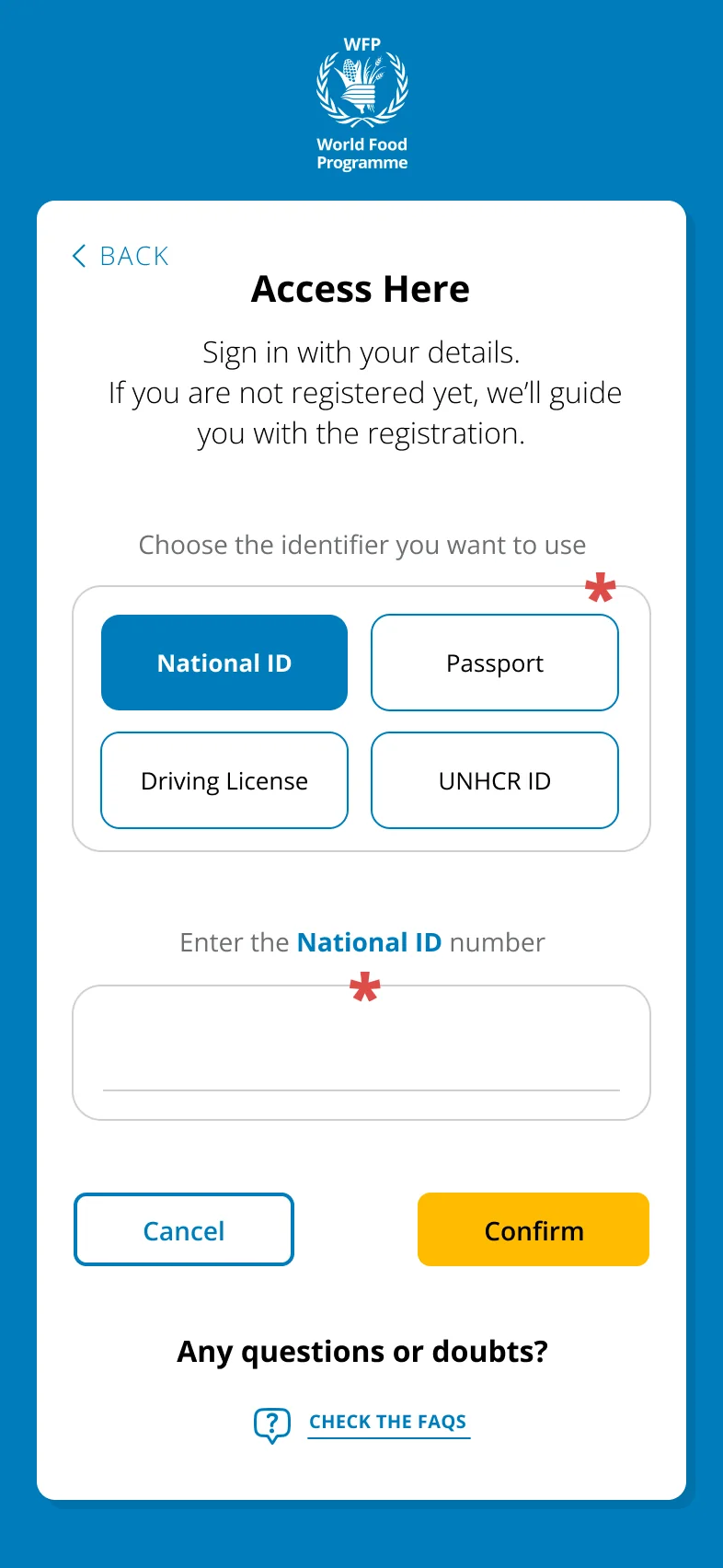 Mobile access screen: choose National ID, Passport, Driving Licence or UNHCR ID