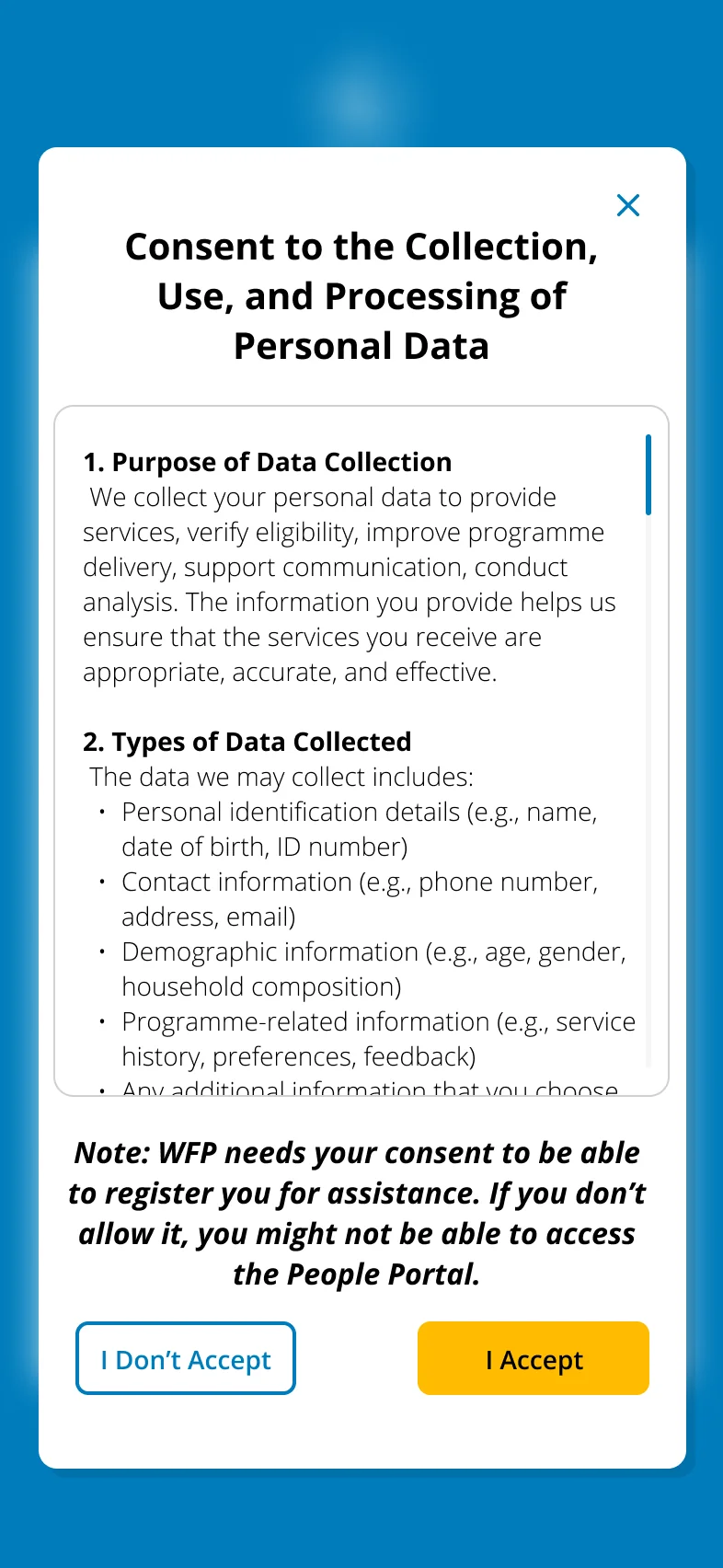 Mobile consent screen: consent to the collection, use and processing of personal data
